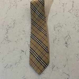 Burberry London mens silk tie tan and black plaid classic print